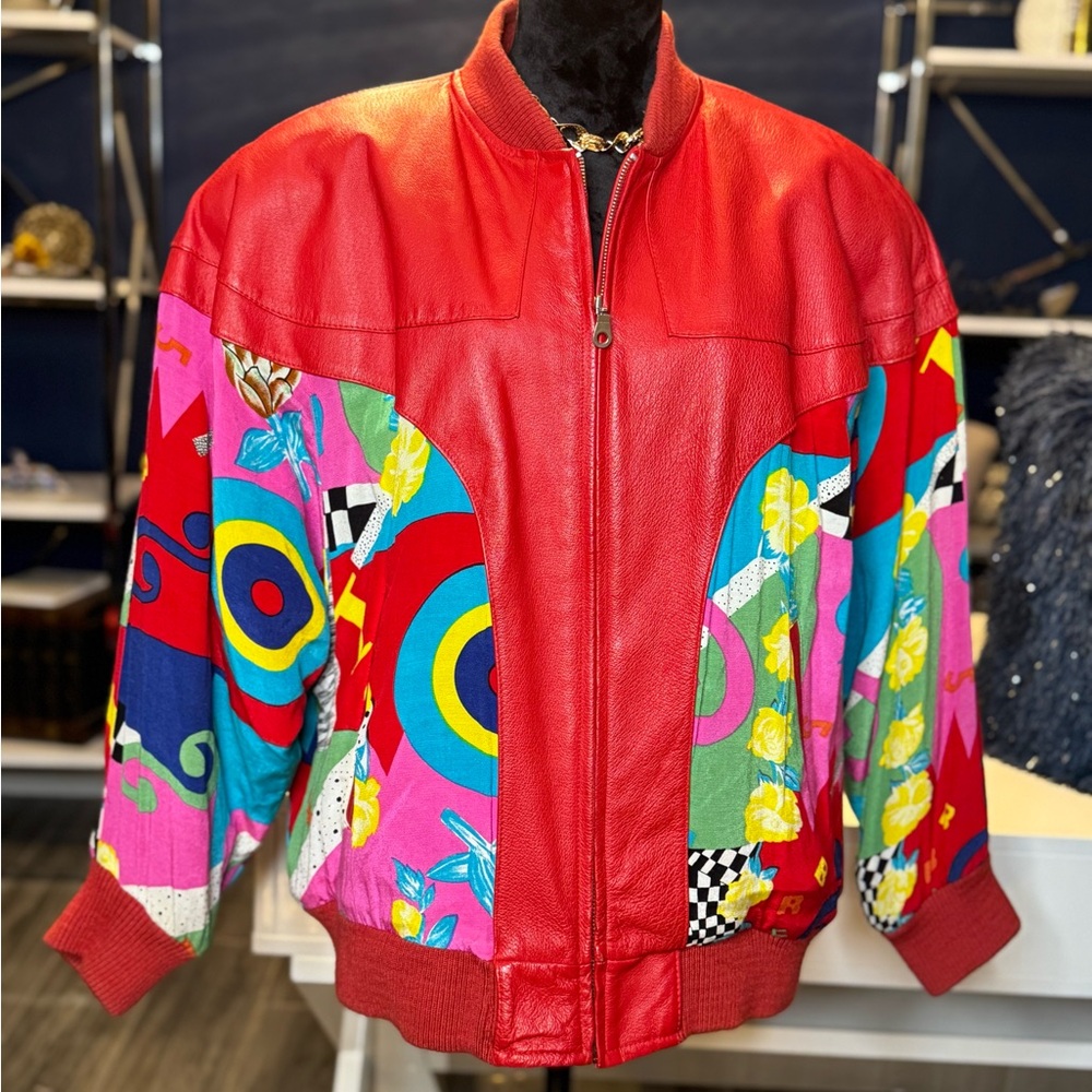 Vintage Red Avanti Firo Abtract Leather Jacket (Tagged Large Fits 1X)